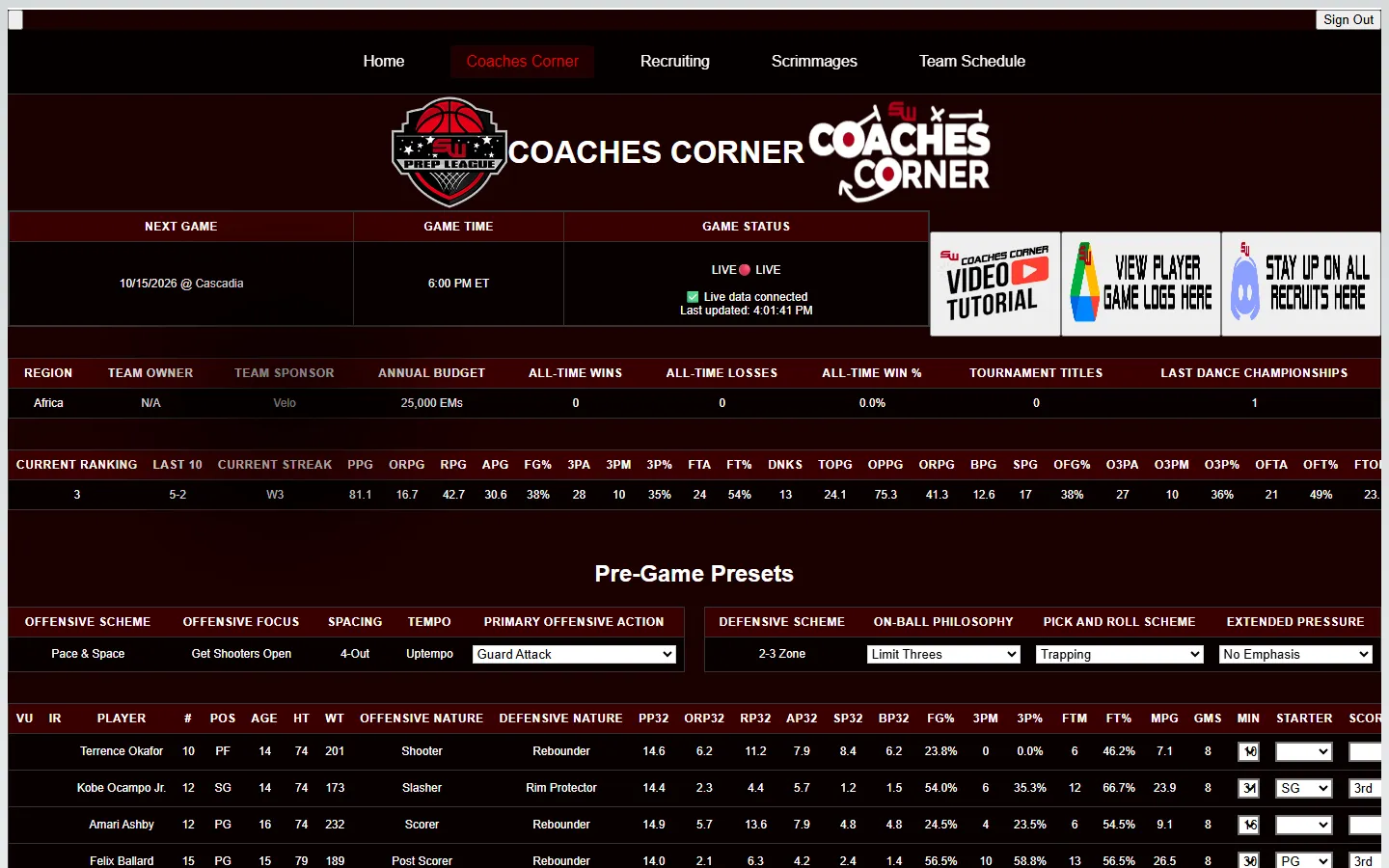 Coaches Corner in the demo: next game and live status, team information and season averages, then pre-game presets for scheme, pick-and-roll coverage and each player’s role
