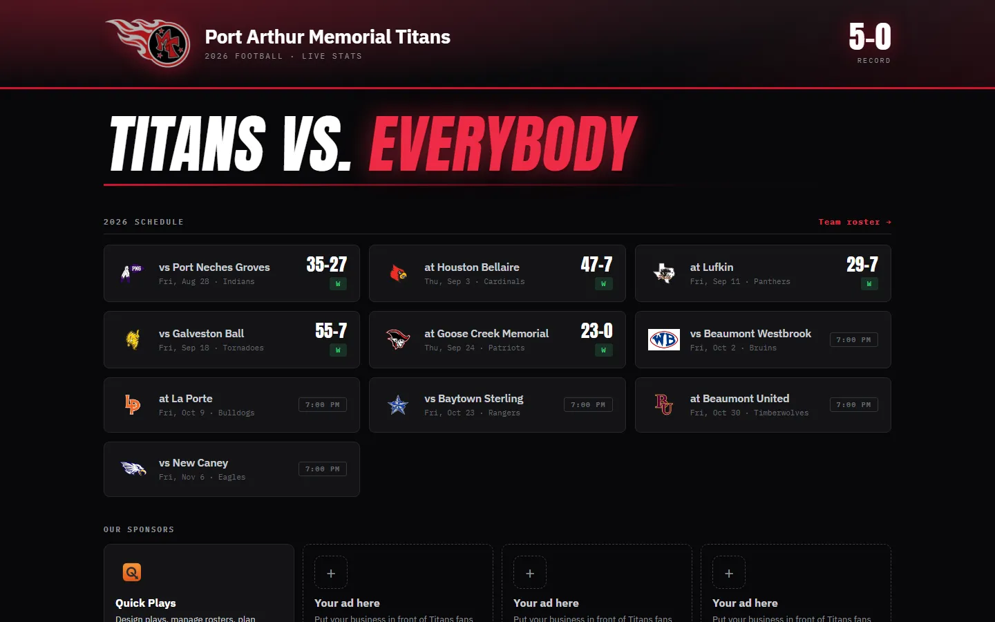 titanstats.app public site: “Titans vs. Everybody” header with the 2026 schedule and final scores