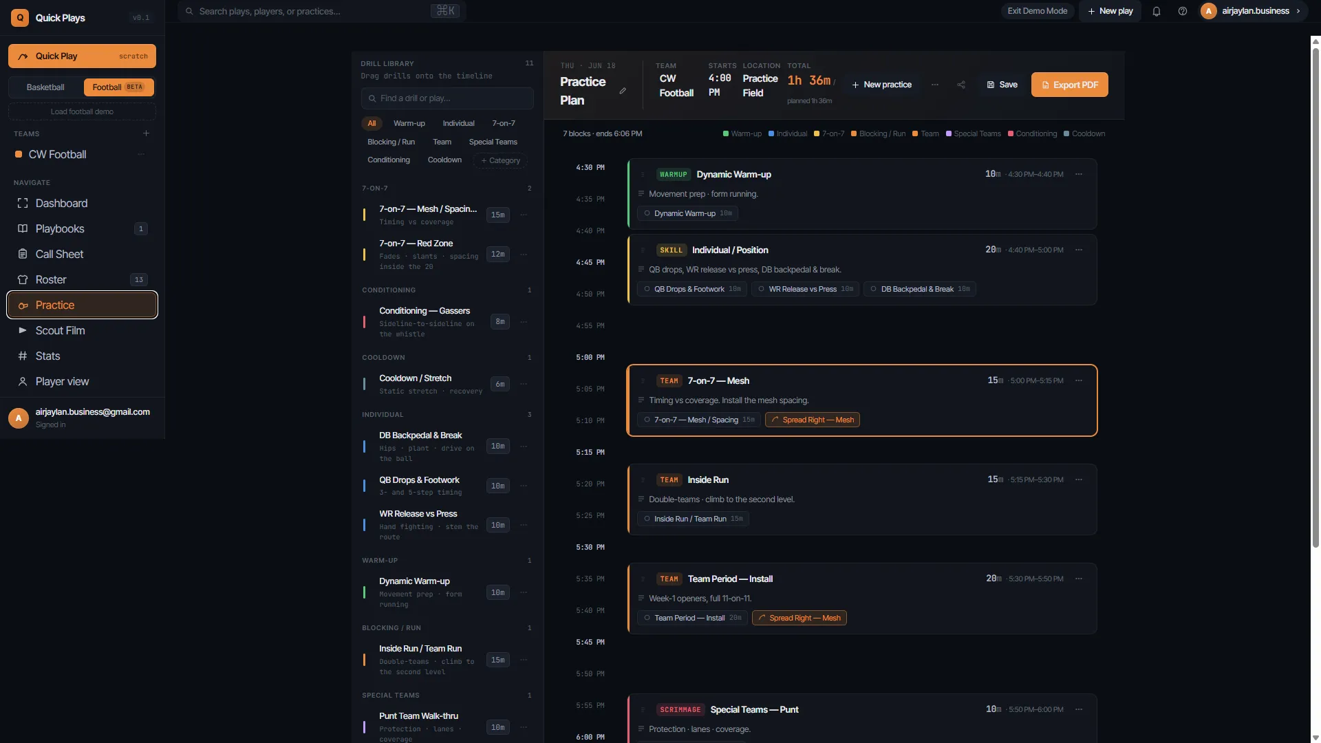 Practice planner: a drill library dragged onto a timed practice timeline, with plays attached to team periods