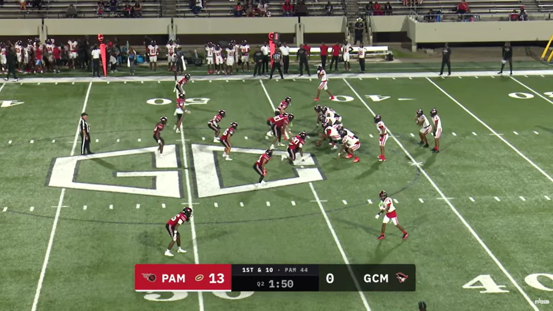 New scorebug on the stream: PAM 13, GCM 0, 1st & 10 at the PAM 44, Q2 1:50, with a possession marker