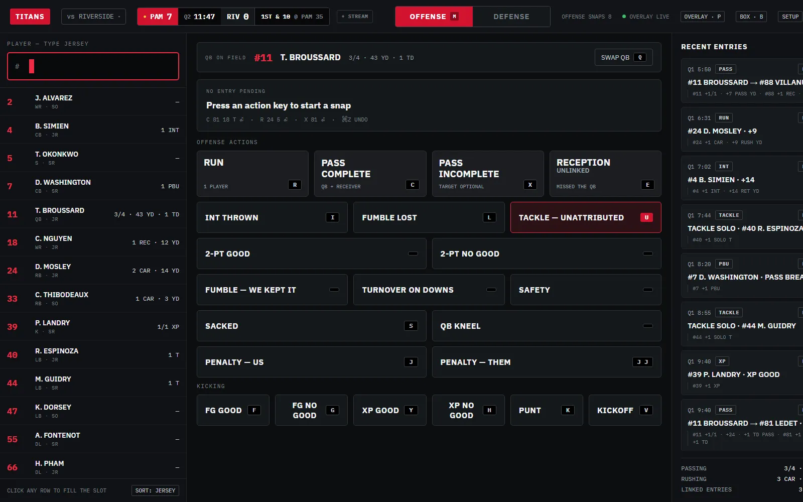 Press-box stat entry screen in the demo: score and clock, the pinned quarterback, the command line, quick-entry buttons and the play feed